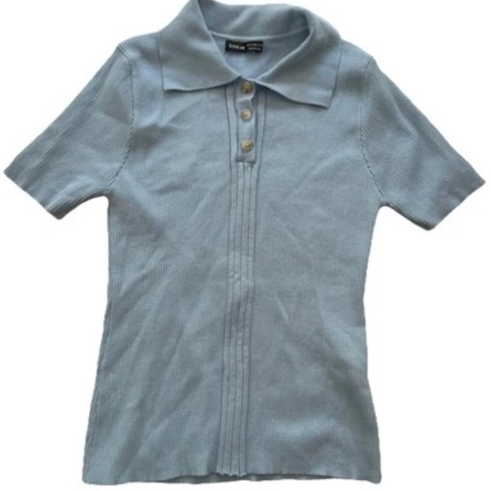 Shein women's Light Blue Stretchy Short Sleeve Button Collared Top Size 8/10